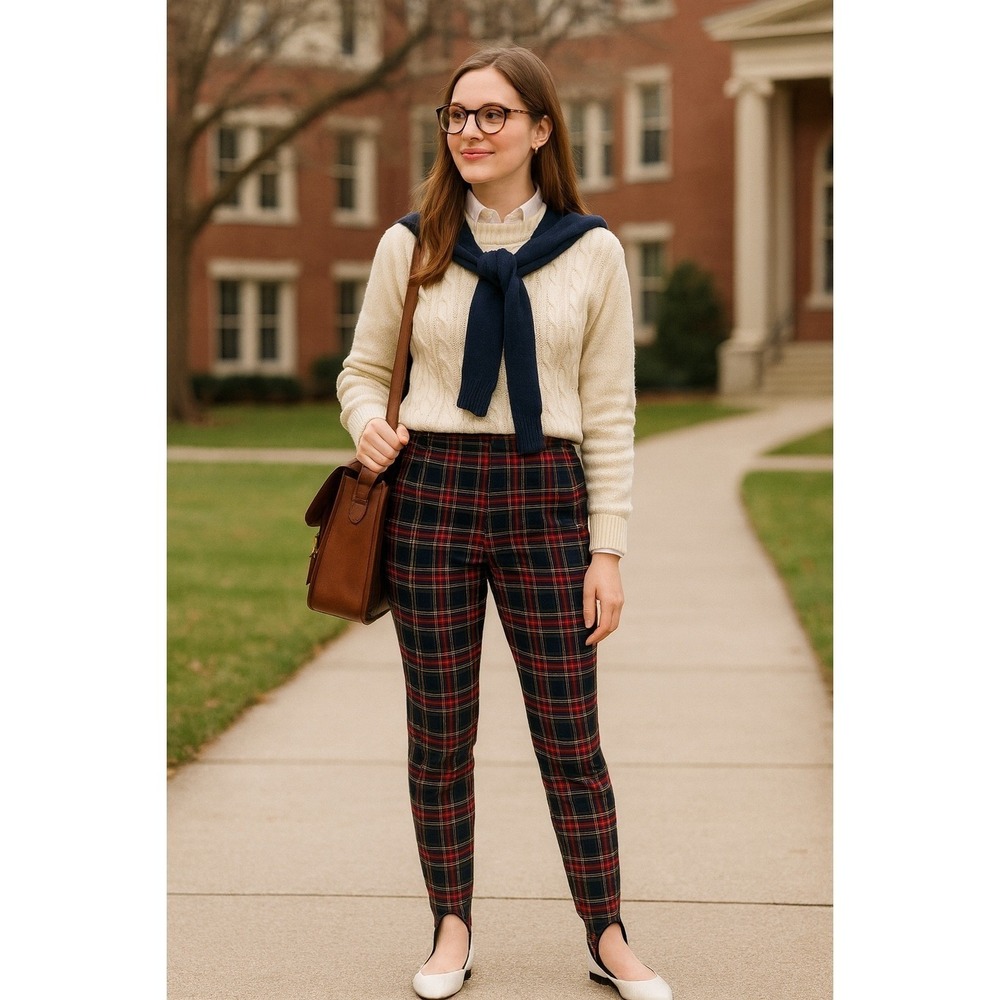 Vintage Womens Tartan Plaid Pants High Waist Stirrup 80s Preppy Academia MP